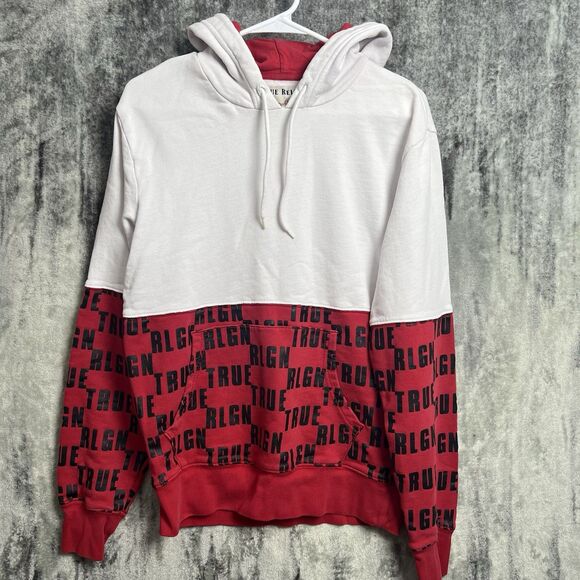 True Religion Hoodie Mens Medium White Red TRUE RLGN Graphic Pullover Monogram - Picture 1 of 5